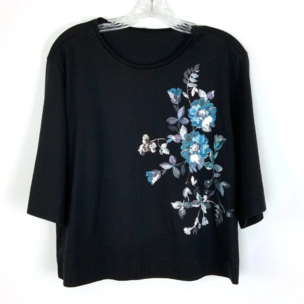 New Sisley Women's Black T-Shirt Floral Print Sz M - Picture 1 of 16